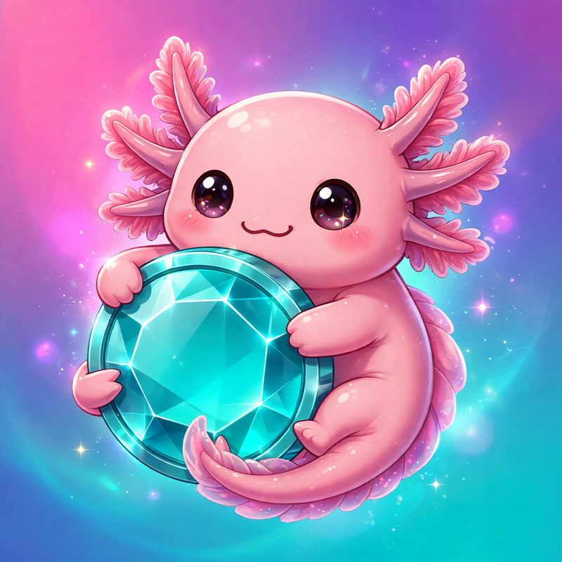 AXO, a pink axolotl hugging a teal crystal coin